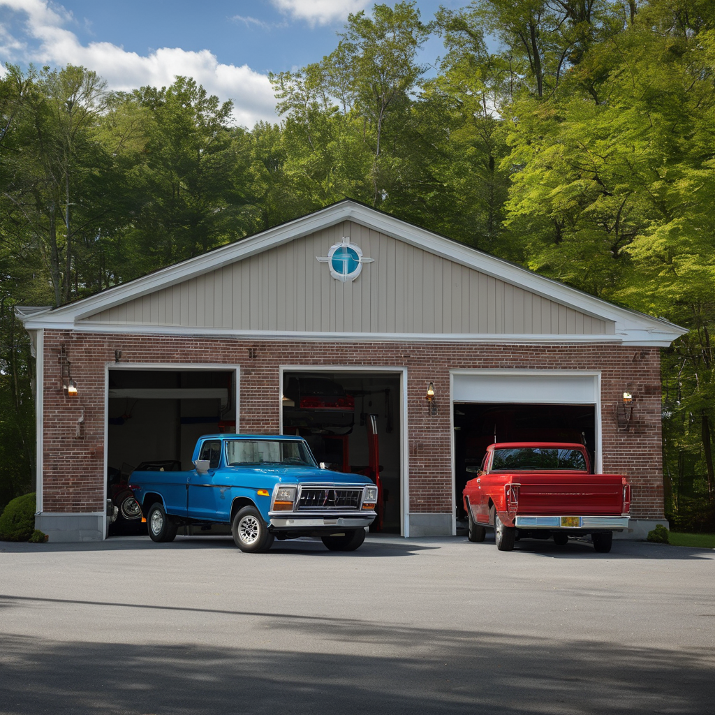 Local New England automotive service garage exterior with classic and modern architectural blend