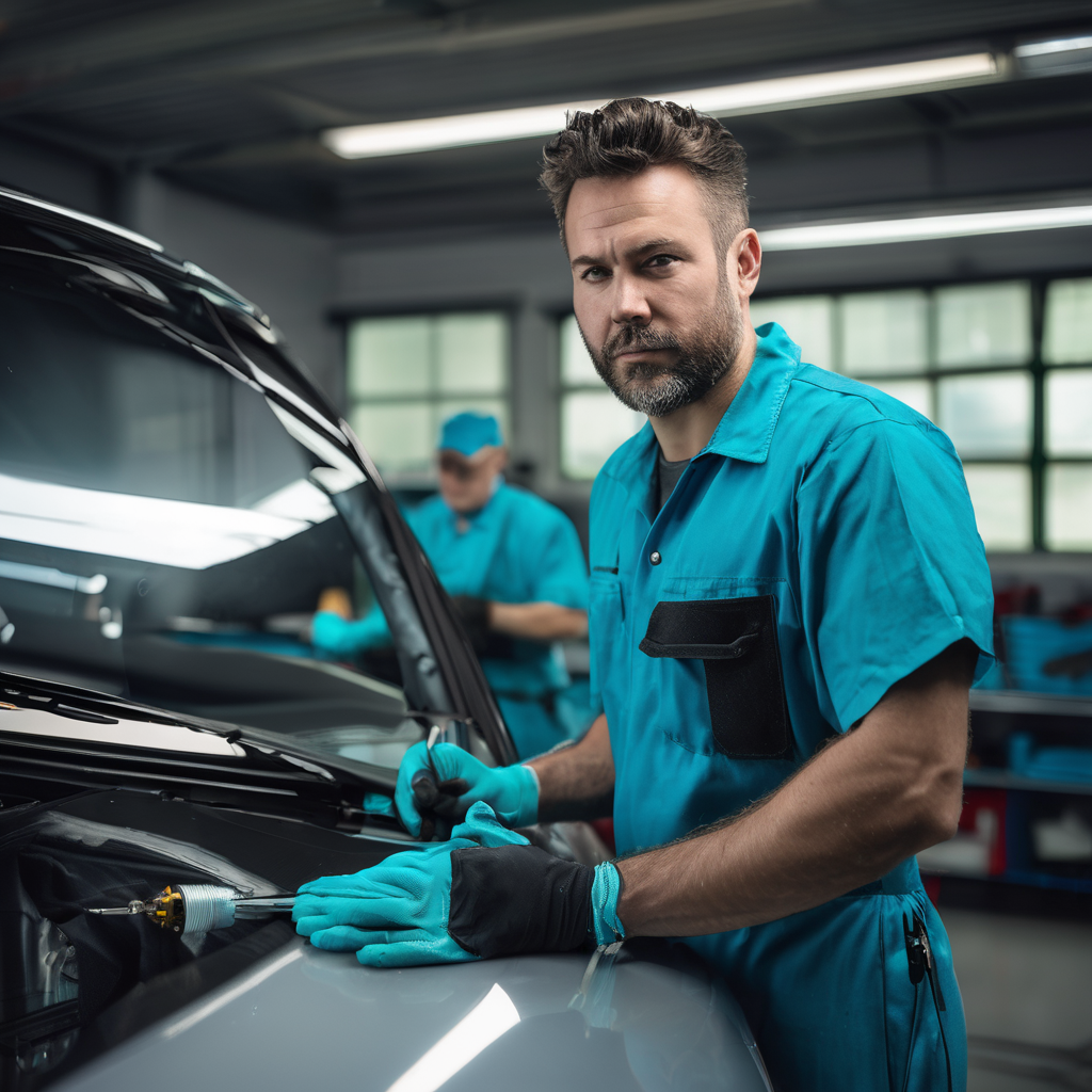 Professional automotive technician at work in modern garage setting, hands on tinting tools