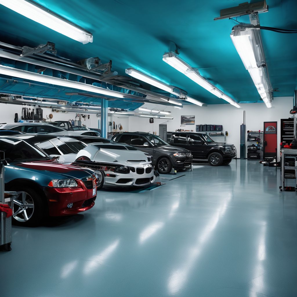 Professional automotive service workspace with organized tools and equipment