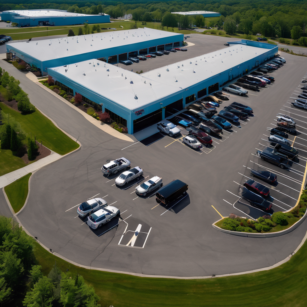 Overhead view of an automotive service facility parking area with customer vehicles and professional landscaping in a New England setting