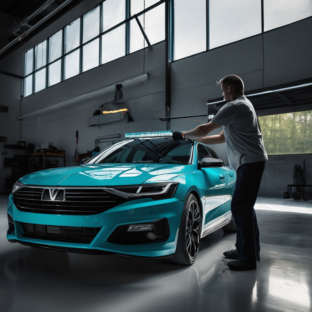 Professional automotive technician applying ceramic window tint to a car windshield in a modern garage