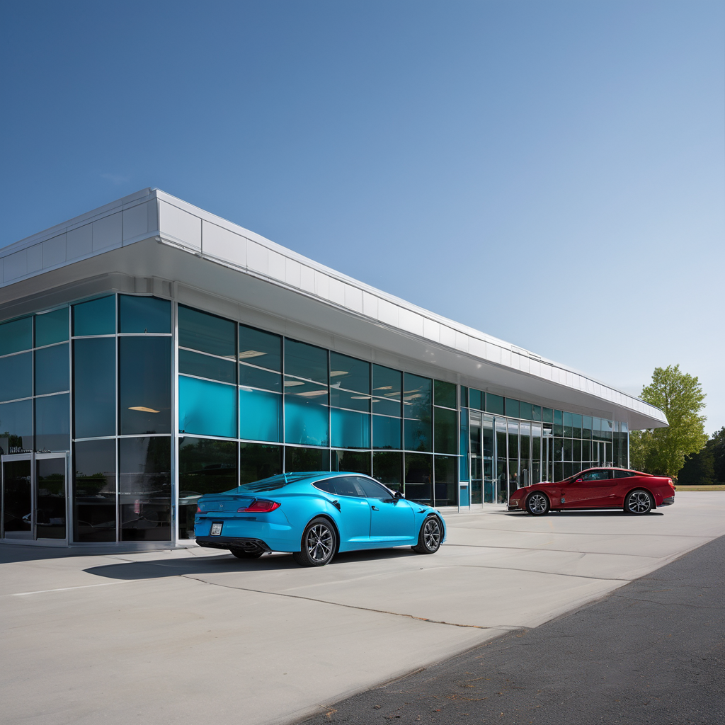 Automotive service center storefront with large display windows and modern architecture