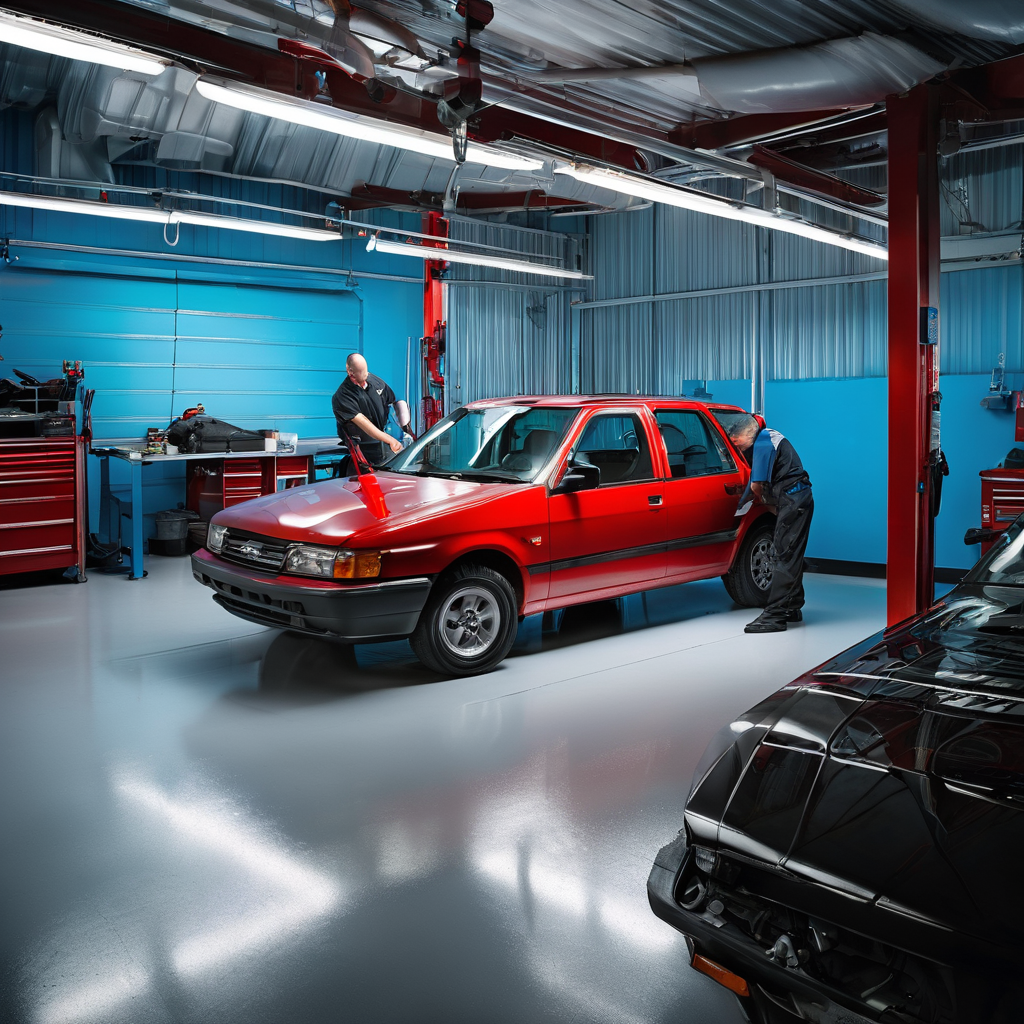 Customer vehicle in automotive service bay with technician performing window treatment work