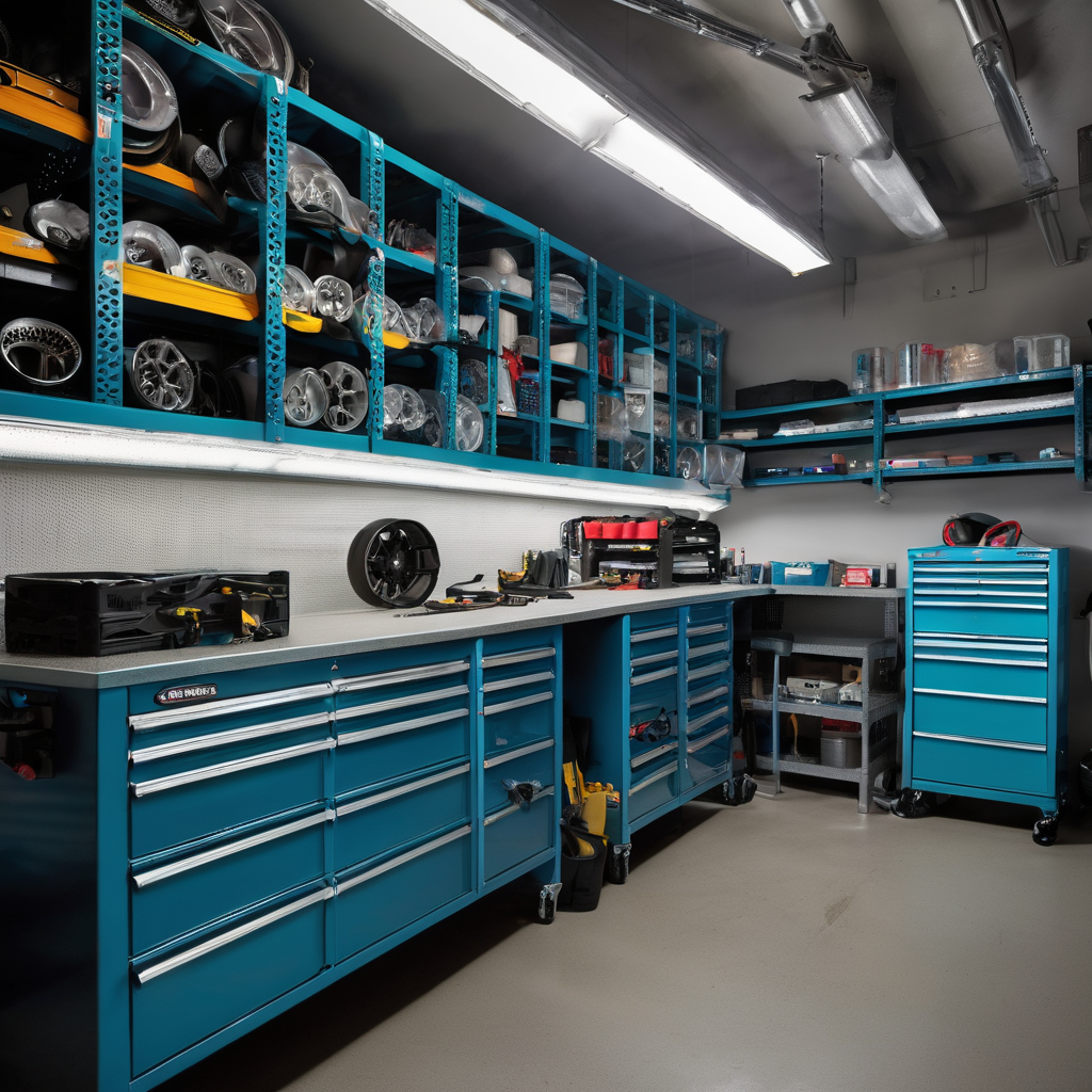 Interior detail shot of automotive service garage equipment shelving with professional supplies and tools